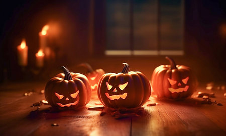 Ai generative.  Decorations for Halloween. Halloween pumpkin head jack lantern.  Halloween background.の素材