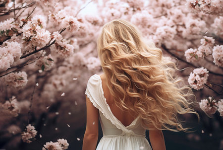 Ai generative image. Back view, beautiful young woman with long curly blond hair against the backdrop of cherry blossomsの素材