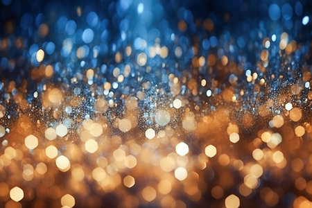 Ai generative image. Background of abstract blue and gold glitter defocused lightsの素材