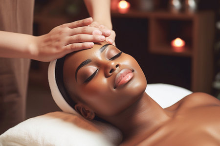 Ai generative image. Attractive african american woman doing facial massage in spaの素材