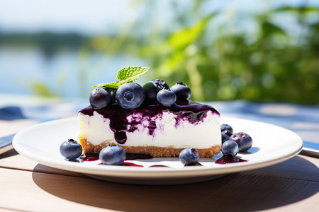 Ai generative image. Blueberry cheesecake on white plate, sunny dayの素材