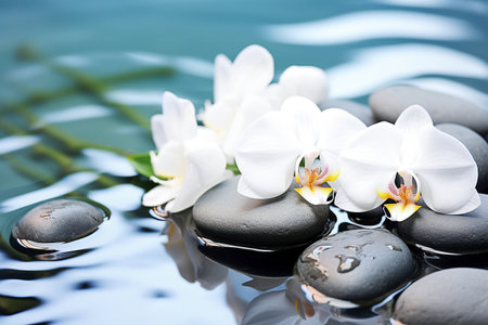 Ai generative image.   Spa stones with white orchid flowers on waterの素材