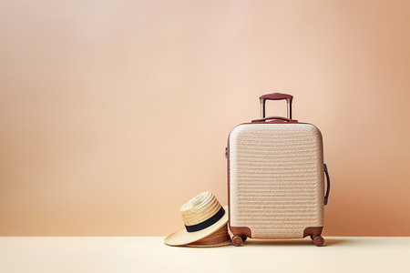 Ai generative image.  Suitcase with wicker hat on beige background. Travel conceptの素材