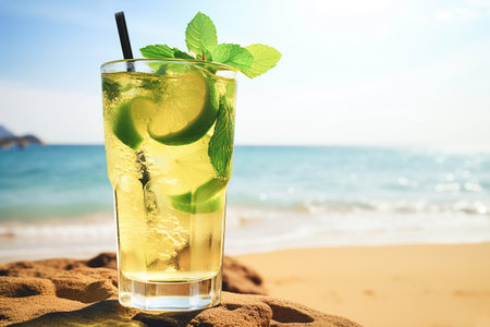 Ai generative image.  Mojito cocktail on the beach.の素材