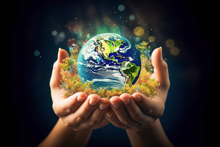 Ai generative image. Hands Holding Globe Glass.   Environment Concept. World Earth Day concept.の素材
