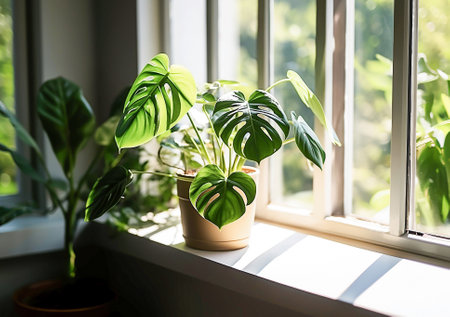Ai generative image. Monstera deliciosa plant in a pot, day light, sunny dayの素材