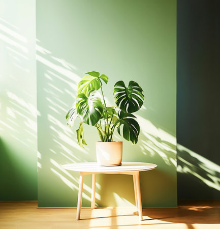Ai generative image. Monstera deliciosa plant in a pot, day light, sunny dayの素材