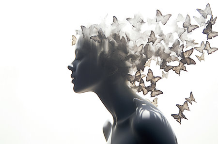 Ai generative image.  Double exposure, side profile of face with butterfliesの素材