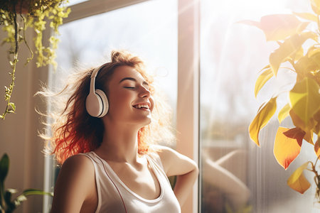 Ai generative image. Young girl in headphones listening to music at homeの素材