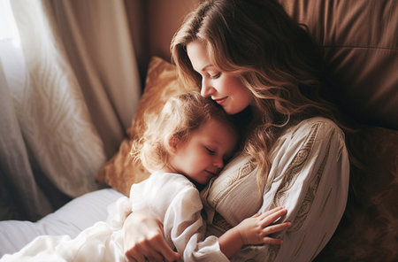 Ai generative image. Love of a mother and baby. Family at homeの素材