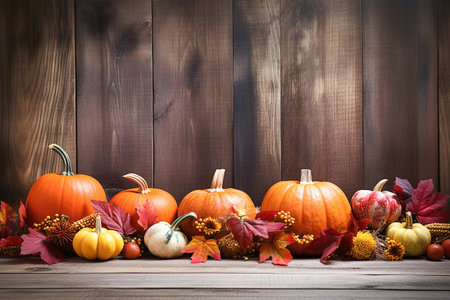 Autumn Pumpkin Backgrounds on wood. Ai generative image.の素材