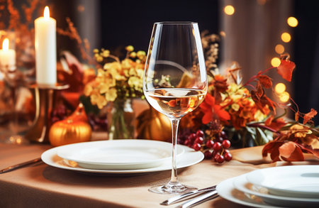Autumn Thanksgiving dining table place setting. Ai generative image.の素材