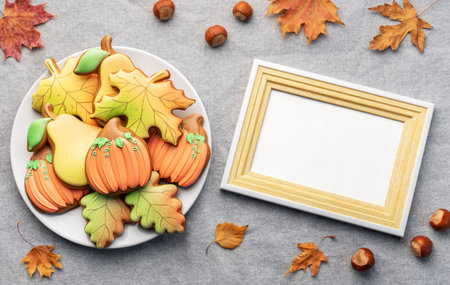 Multicolored autumn homemade cookies and empty picture frame on fabric background.の写真素材