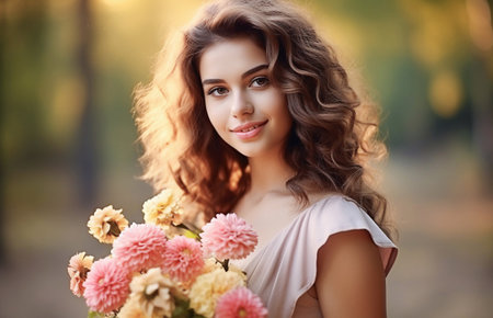 Young beautiful woman holding bouquet of pink summer flowersの素材