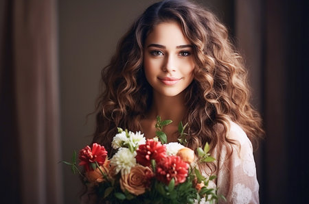 Young beautiful woman holding bouquet of pink summer flowersの素材