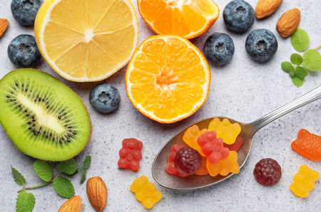 Chewable gummy bears vitamins and supplements and fresh fruitsの写真素材