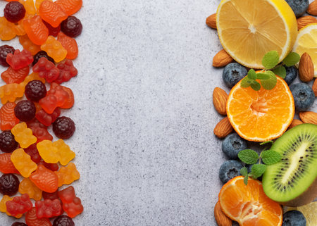 Chewable gummy bears vitamins and supplements and fresh fruitsの写真素材