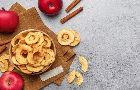 Dried apple chips. Dehydrated apples. Homemade dried organic apple sliced.の写真素材
