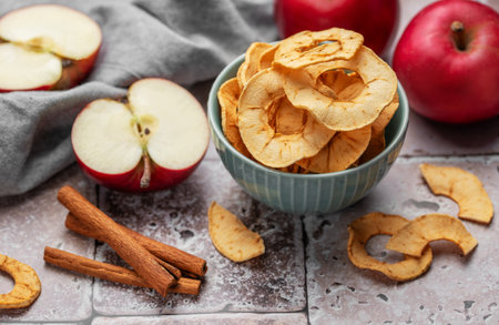 Dried apple chips. Dehydrated apples. Homemade dried organic apple sliced.の写真素材