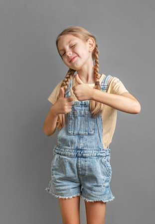 A little blonde  girl shows the ok sign with her handの写真素材