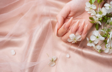 Elegant pastel pink natural manicure. Female hands  with Cherry blossom flowers  on pink silk background.の写真素材