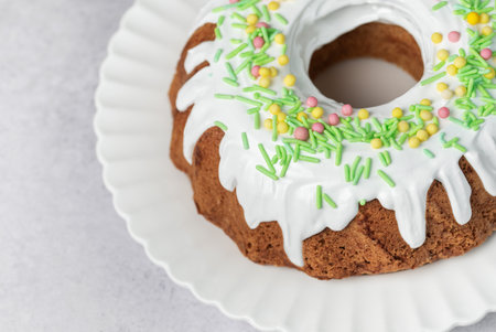 Easter Bundt Cake with Easter Eggs. Homemade vanilla bundt cake.