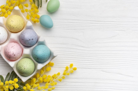Colorful easter eggs  and mimosa flowers on wooden table. Top view with copy spaceの写真素材