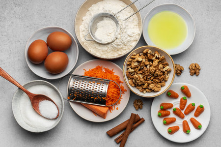 Ingredients for baking carrot cake. Making carrot cake process, top view.の写真素材