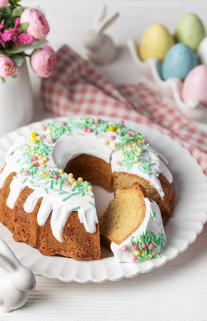 Easter Bundt Cake with Easter Eggs. Homemade vanilla bundt cake.
