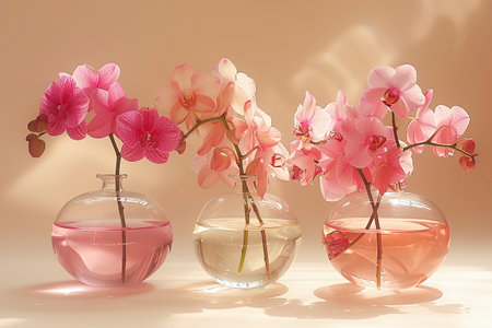 A display of delicate  orchids arranged in a transparent round glass vase, creating a serene and elegant still life composition.の素材