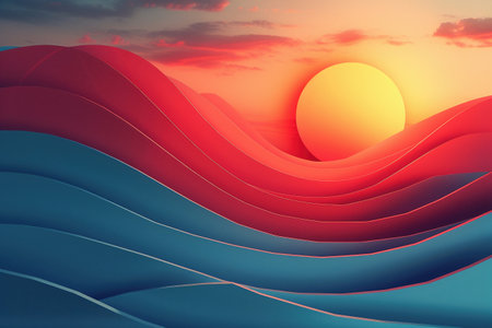 This image features a digital  of stylized waves with a warm sunset in the background, invoking a sense of serenity.の素材