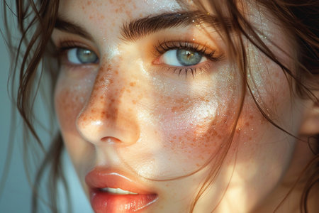 This image captures a detailed close-up of a young womans face, highlighting her intense blue eyes, freckled skin, and flowing dark hair.の素材