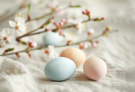 A serene arrangement featuring colored Easter eggs resting on a textured burlap backdrop, accompanied by delicate branches adorned with spring blossoms. The soft pastel tones of the eggs complement the natural beauty of the budding flowers, evoking a sense of tranquility and the fresh renewal of spring.の素材