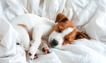 A brown and white puppy lies in a restful slumber, curled up comfortably on a fluffy white blanket. The natural light enhances the peaceful atmosphere as the puppy enjoys a tranquil nap. Its serene expression and the gentle position of its paws suggest a deep and restful sleep.の素材