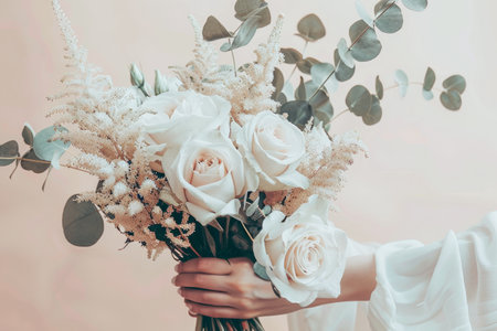 A persons hand gently holds a beautifully handcrafted floral arrangement featuring lush white roses, delicate greenery, and complementing white blooms, all arranged against a soft pastel  backdrop that highlights the freshness and tranquility of the composition.の素材