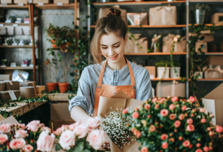 A focused young woman is engaged in the art of floristry, meticulously arranging various vibrant flowers and lush greenery into a beautiful bouquet. Surrounded by an assortment of blossoms, her attention to detail suggests she takes pride in her craft. The warmth and coziness of the flower shop ambiance enhance the charm of the scene.の素材