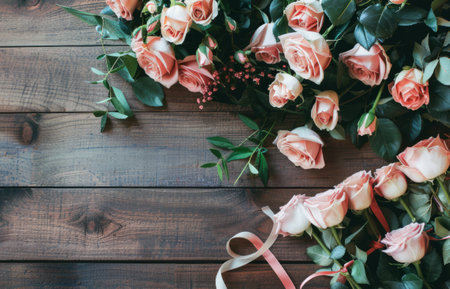 A collection of delicate pink roses with green leaves is spread across a weathered wooden table, accompanied by a roll of pink ribbon and scissors, suggesting the preparation of floral decorations or bouquets.の素材