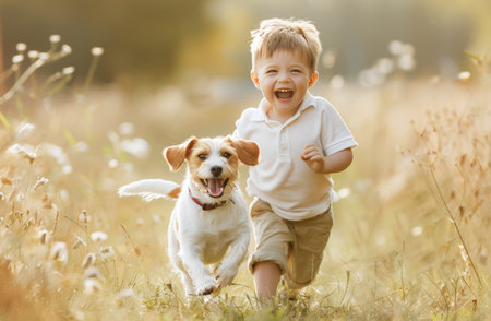 A young boy with a bright smile runs through a field with his faithful dog by his side. Both are enjoying a warm, summer day outdoors, with the sunlight casting a soft glow on the natural setting around them. The dogs tongue lolls happily as it keeps pace with the boys excited sprint, and the wild grasses blur around them in their playful race.の素材