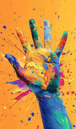 A hand is thrust energetically upwards, covered in an array of vivid, multicolored paint splashes that create a dynamic and artistic explosion of color.の素材