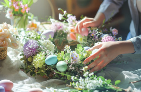 A florist carefully places pastel-colored eggs amongst a vibrant arrangement of spring flowers, illuminated by the soft glow of natural sunlight, creating festive Easter centerpieces.の素材