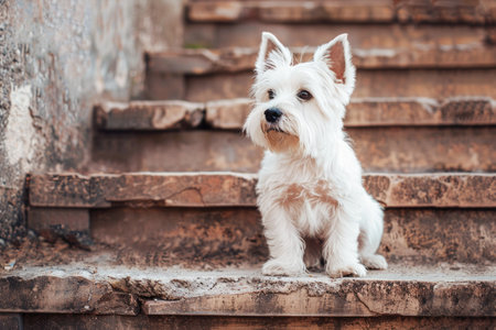 A small West Highland White Terrier attentively sits on the worn steps of an old staircase. The dogs pristine white coat contrasts with the muted tones of the ancient stone, providing a picturesque scene. Its ears are perked up, and it appears to be waiting or watching for something, exuding a sense of anticipation.の素材