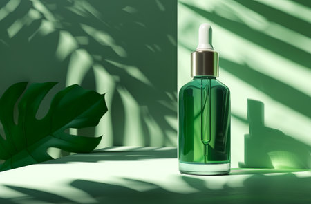 A glass bottle with a dropper is sitting on a reflective surface. Shadows of tropical leaves create a pattern over the bottle and the surrounding area, suggesting an organic or natural skincare theme. The lighting gives a sense of warmth and natural wellbeing, often associated with essential oils or serums.の素材