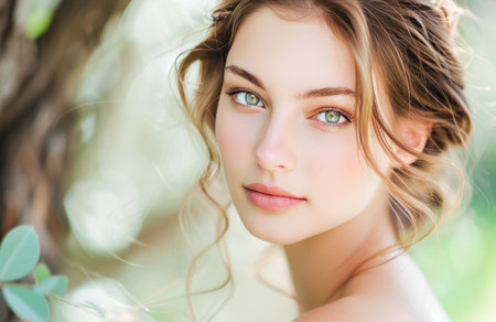 A detailed close-up showcases a young womans captivating eyes, sun-kissed cheeks, and curly hair.の素材