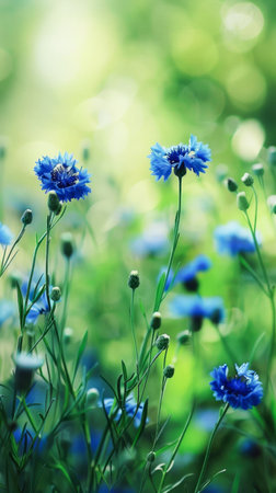 A cluster of bright blue cornflowers emerges with vitality in a verdant garden. Their delicate petals contrast beautifully against the green foliage, signaling the height of springs bloom.の素材