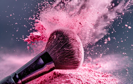 A makeup brush with black and silver handle is coated with fine, vibrant pink blush powder. Particles are scattered across a dark background, capturing a moment of dynamic movement as the cosmetic powder is dispersed.の素材