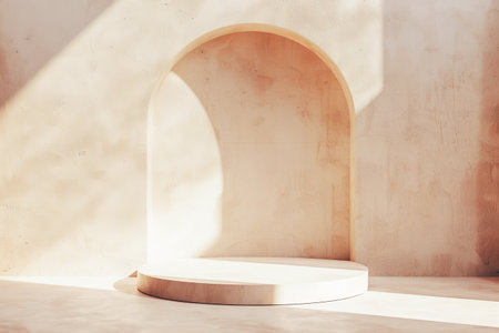 The soft, warm sunlight filters through a window, casting geometric shadows on a minimalist round display plinth situated within a serene modern gallery. The clean lines and simplicity of the design draw attention to the potential of the object its meant to showcase.の素材