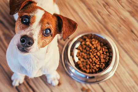 An eager Jack Russell Terrier sits attentively on a wooden floor, its expressive eyes gazing upward, while a bowl full of dog kibble rests nearby, ready for mealtime. The warmth of the room complements the dogs anticipation.の素材