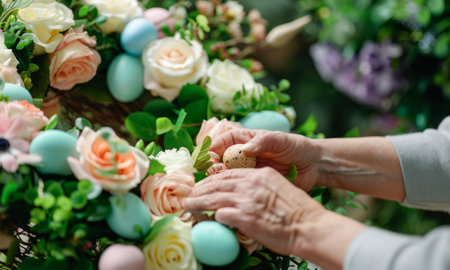 A womans hands are carefully arranging a variety of pale-hued flowers, lush greenery, and pastel Easter eggs into an intricate wreath. The work is displayed on a muted teal background, suggesting a light and airy seasonal atmosphere.の素材