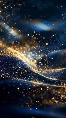 A cascade of golden particles shimmers as it dances over the undulating dark blue waves, illuminated gently by a soft, diffused light. The scene creates a tranquil and magical atmosphere, reminiscent of a starlit night sky reflected on a serene ocean.の素材