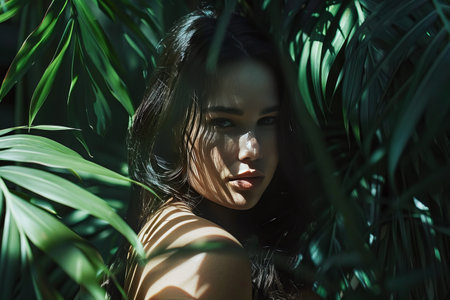 A woman with striking features gently gazes through a veil of vibrant green leaves, her face partially illuminated by the soft glow of natural sunlight. The serene expression on her face suggests a moment of quiet contemplation amidst the tranquility of a lush environment.の素材